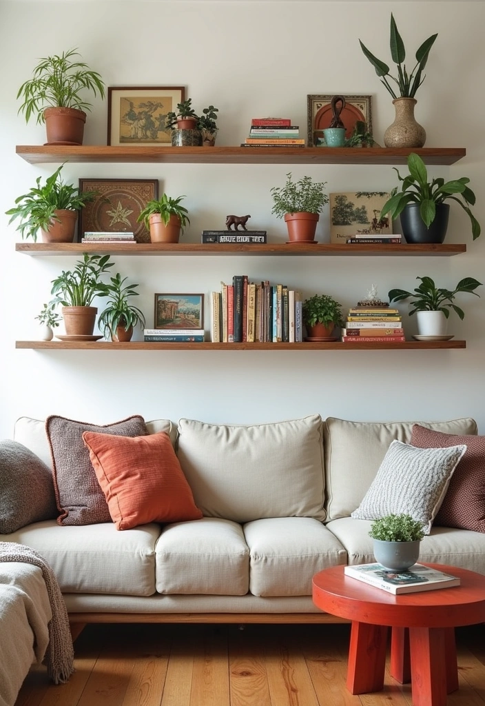 20 Best 70s Living Room Decor Ideas - 12. Wall-mounted Shelves