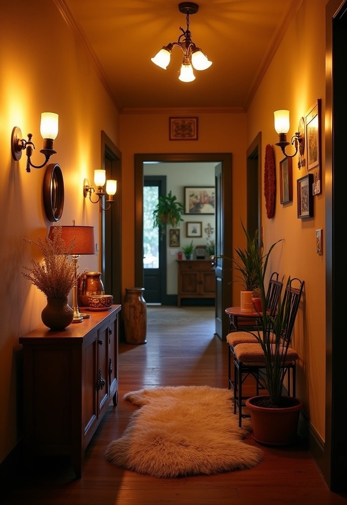 20 Boho Hallway Design Ideas - 15. Layered Lighting