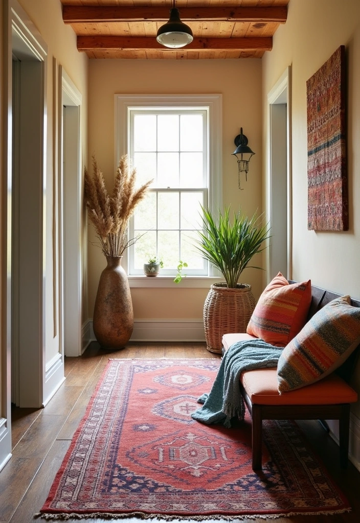 20 Boho Hallway Design Ideas - 2. Layered Textiles