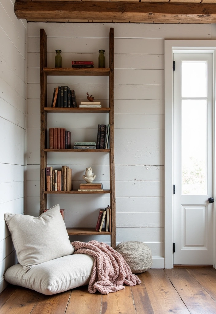 20 Cozy Modern Farmhouse Reading Nook Ideas - 3. Rustic Ladder Bookshelf Nook