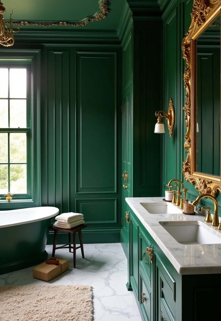 20 Moody Dark Green Bathroom Ideas - 1. Elegant Emerald Oasis