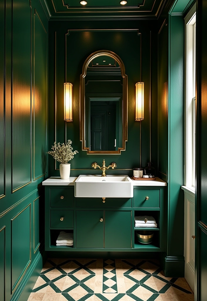 20 Moody Dark Green Bathroom Ideas - 11. Art Deco Dark Green