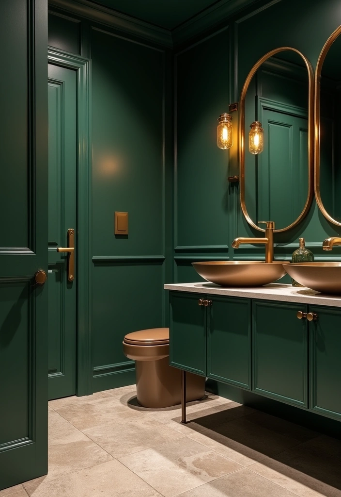 20 Moody Dark Green Bathroom Ideas - 13. Dark Green with Metallic Touches