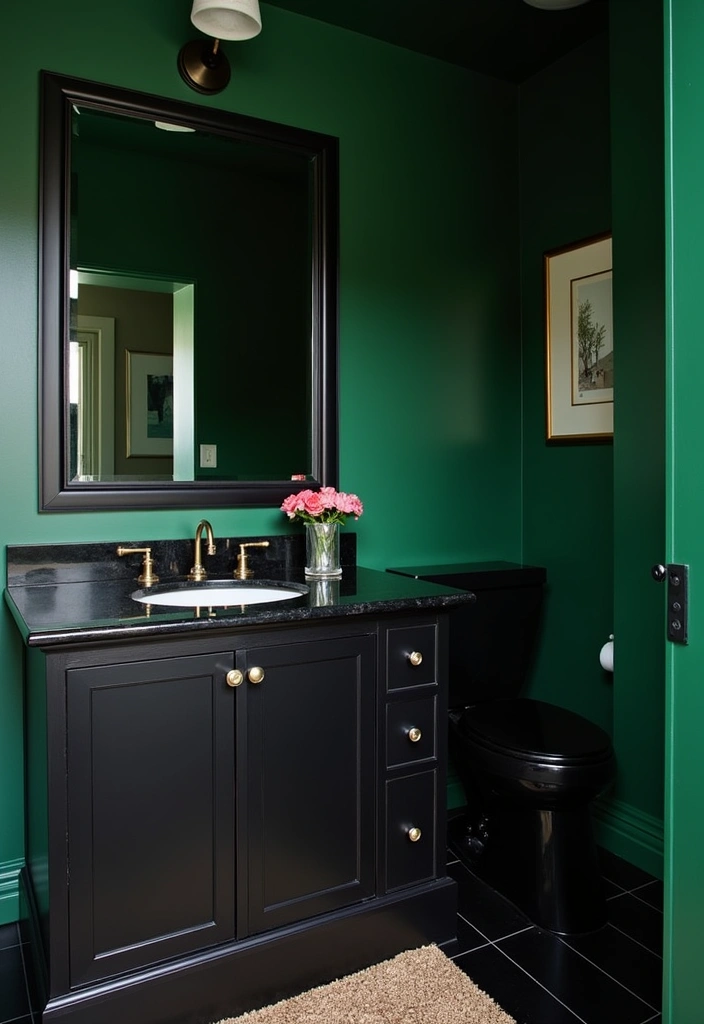 20 Moody Dark Green Bathroom Ideas - 4. Dark Green and Black Contrast