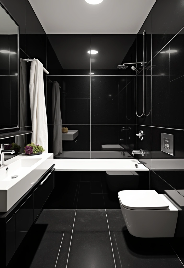 21 Dark Bathroom Design Ideas - 9. Ultra-Modern Black Tiles