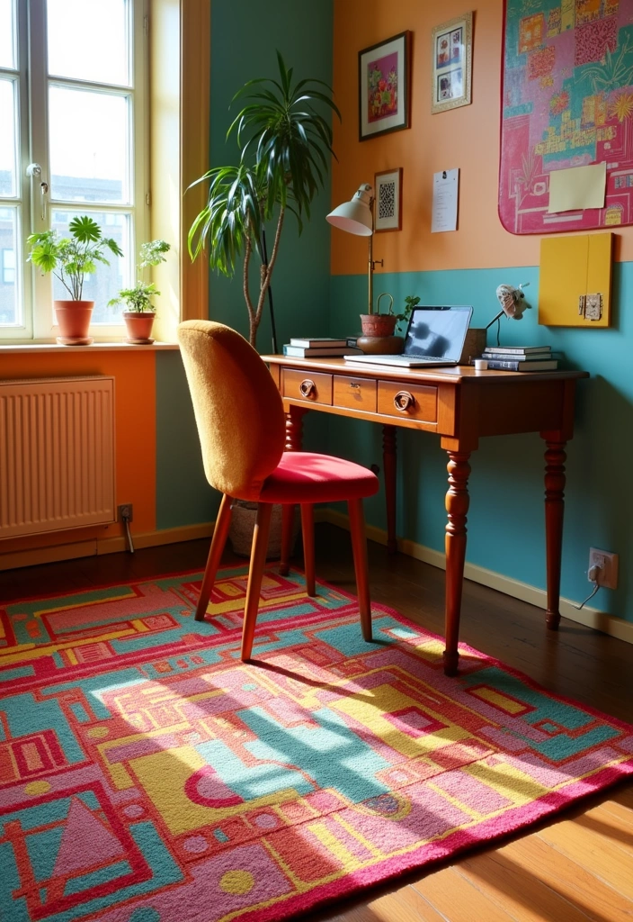 21 Nostalgic 70s Home Office Ideas - 13. Bright and Bold Rugs