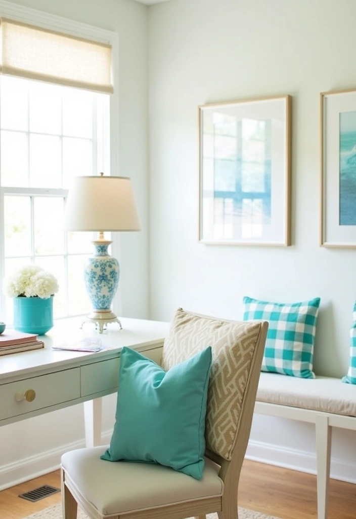 21 Relaxing Capri Style Coastal Home Office Ideas - 14. Ocean-Inspired Color Accents