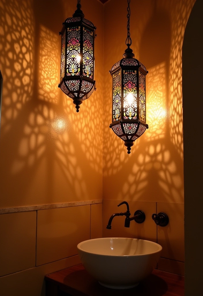 22 Aesthetic Moroccan Bathroom Design Ideas - 3. Ornate Lighting Fixtures