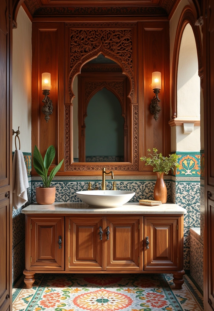 22 Aesthetic Moroccan Bathroom Design Ideas - 5. Intricate Woodwork