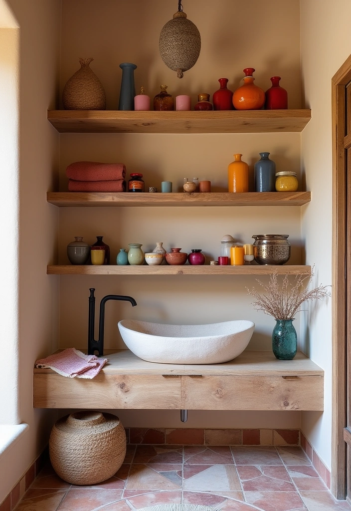 22 Aesthetic Moroccan Bathroom Design Ideas - 8. Open Shelving