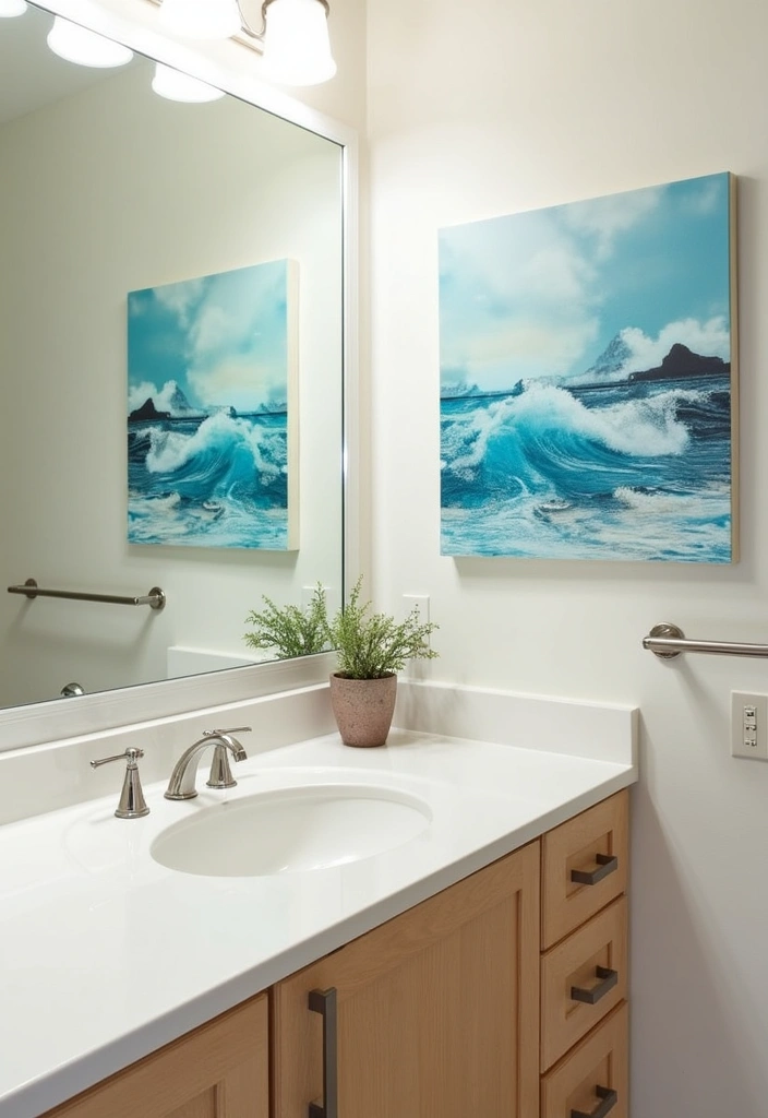 22 Beautiful Coastal Bathroom Ideas - 11. Ocean-Inspired Art