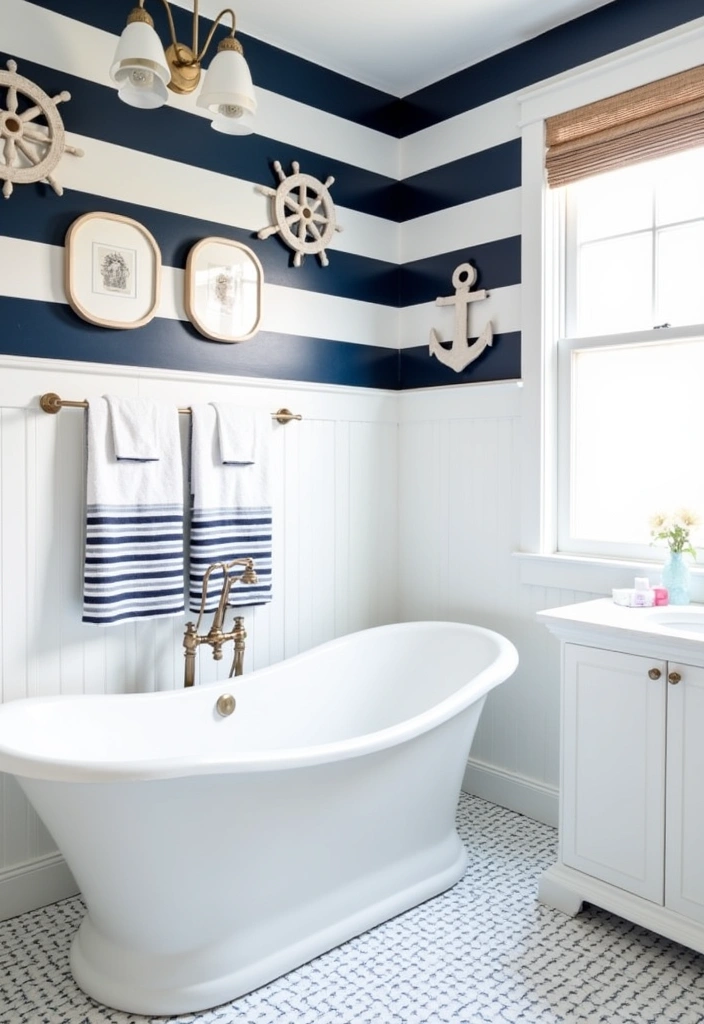 22 Beautiful Coastal Bathroom Ideas - 2. Nautical Stripes
