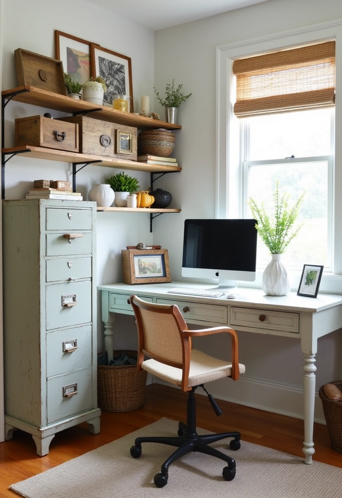 22 Beautiful Modern Farmhouse Home Office Ideas - 18. Vintage Storage Solutions