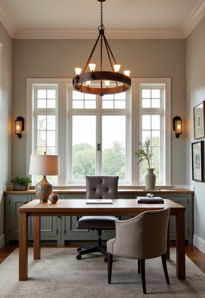 22 Beautiful Modern Farmhouse Home Office Ideas - 5. Statement Lighting