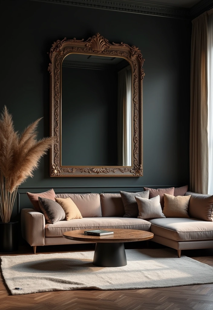 22 Dark Living Room Ideas to Embrace a Moody Atmosphere - 11. Mirrors to Reflect Light