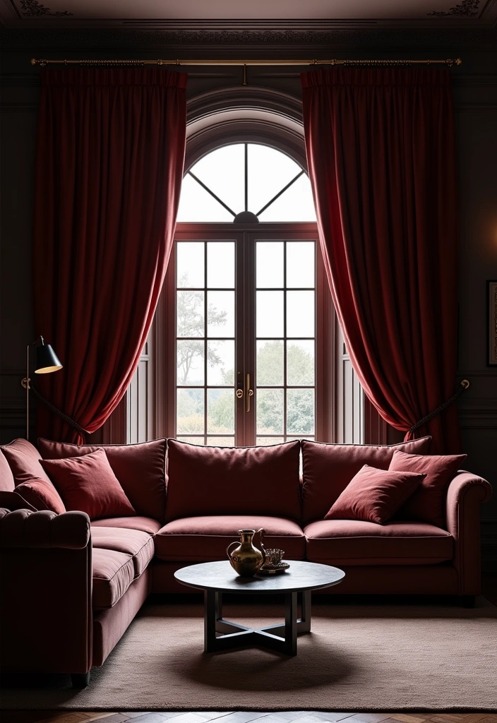 22 Dark Living Room Ideas to Embrace a Moody Atmosphere - 12. Dramatic Curtains