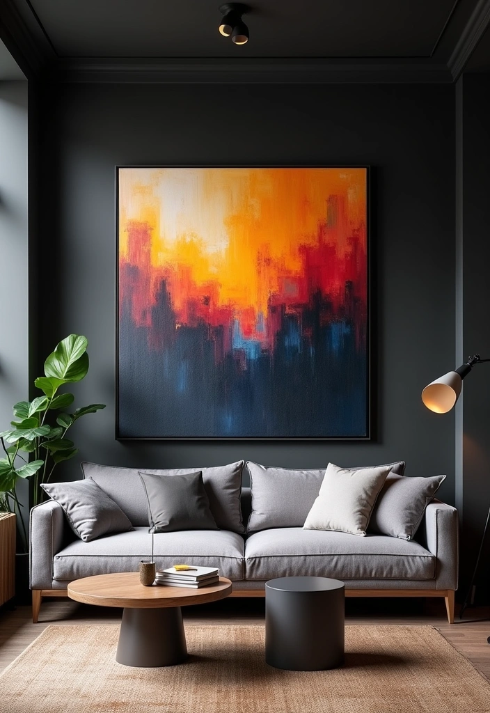 22 Dark Living Room Ideas to Embrace a Moody Atmosphere - 4. Statement Artwork