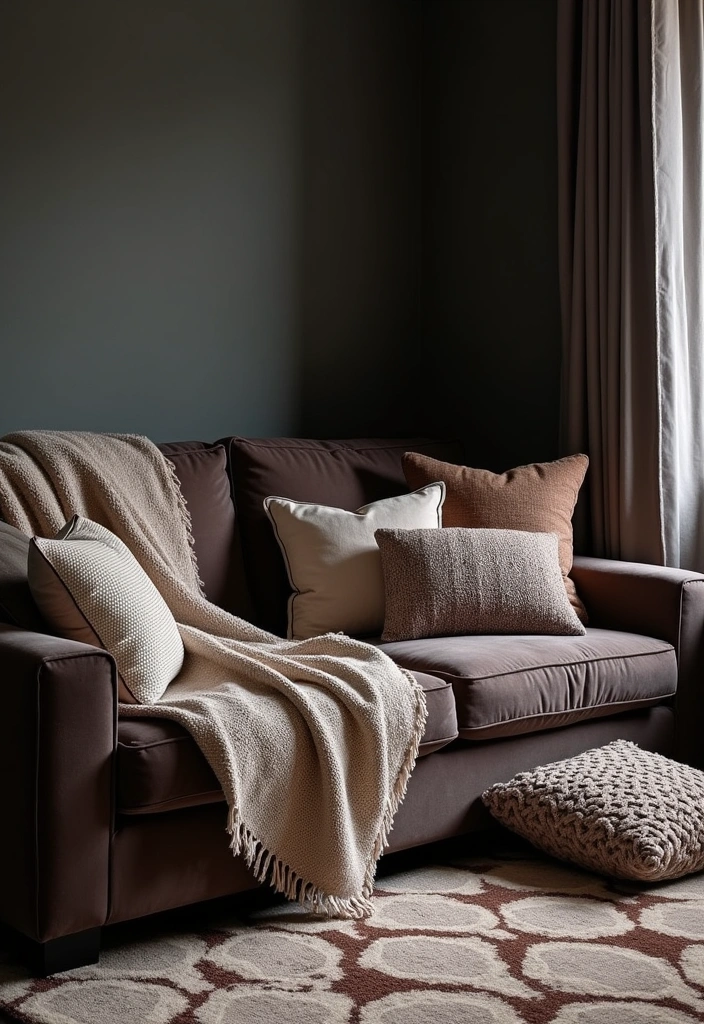 22 Dark Living Room Ideas to Embrace a Moody Atmosphere - 5. Textured Fabrics