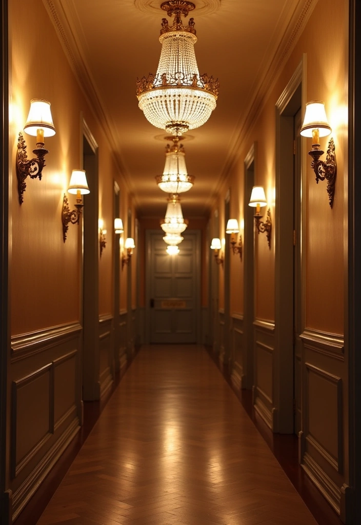 22 French Parisian Hallway Panelling Decor Ideas - 16. Elegant Lighting Fixtures