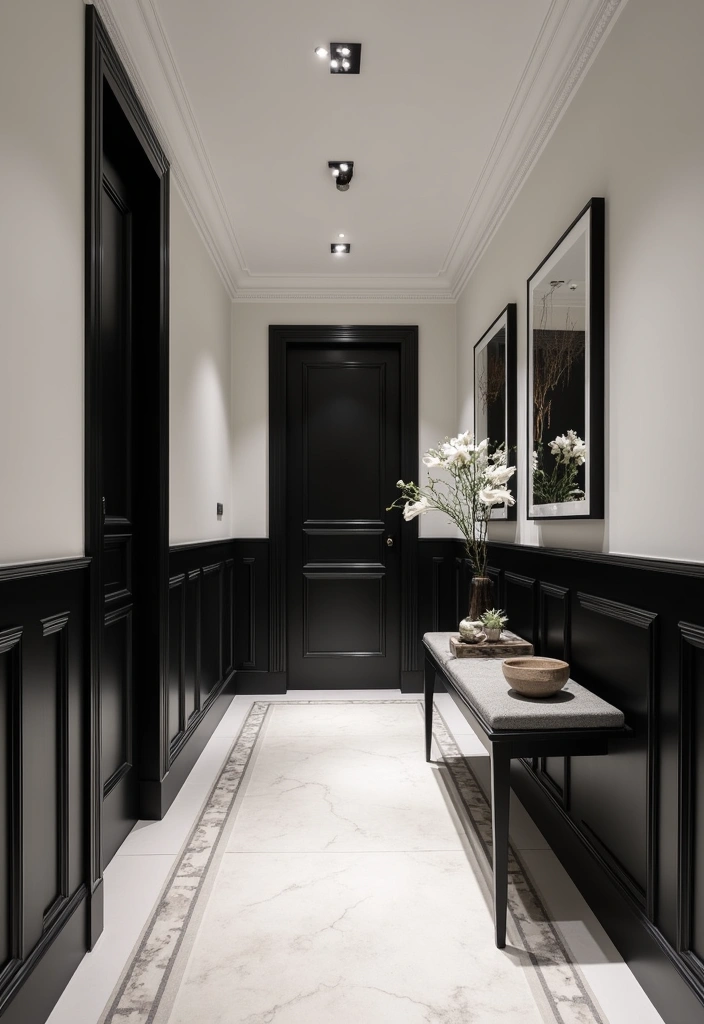 22 French Parisian Hallway Panelling Decor Ideas - 20. Monochrome Elegance