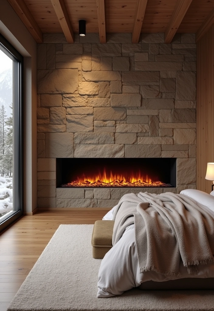 22 Majestic Modern Mountain Bedroom Ideas - 11. Modern Fireplace