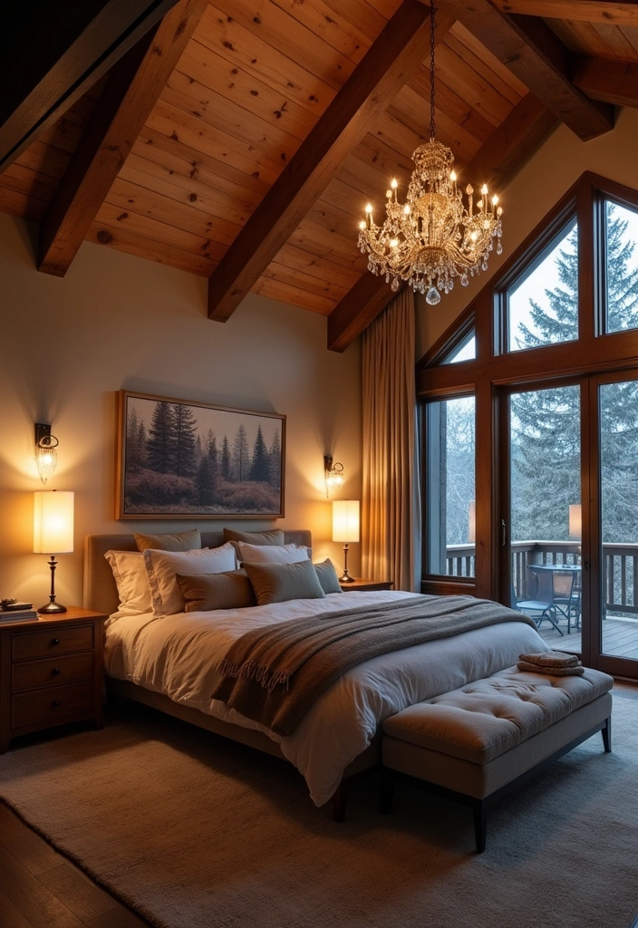 22 Majestic Modern Mountain Bedroom Ideas - 15. Layered Lighting