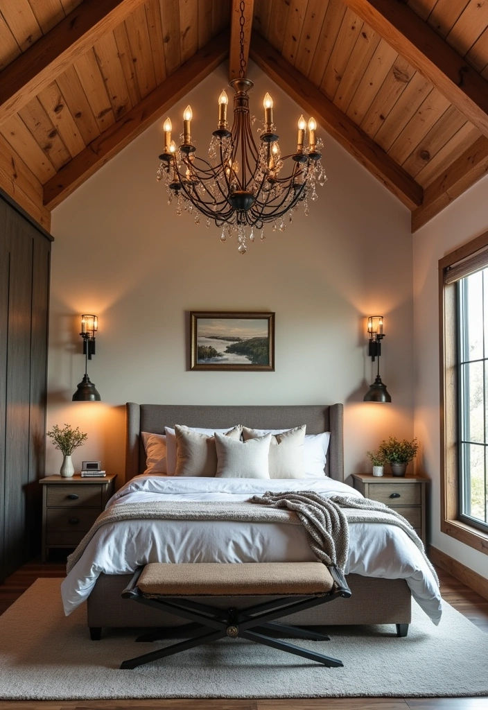 22 Majestic Modern Mountain Bedroom Ideas - 5. Statement Lighting Fixtures