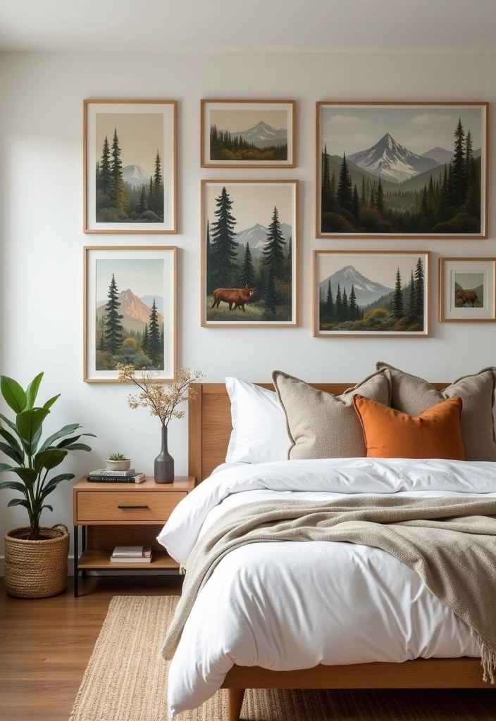 22 Majestic Modern Mountain Bedroom Ideas - 6. Nature-Inspired Artwork