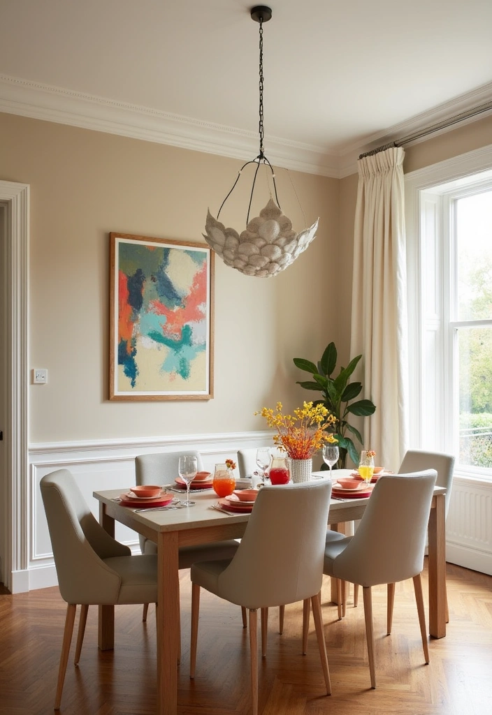 22 Mid Century Modern Dining Room Ideas - 13. Neutral Backdrops with Pops of Color