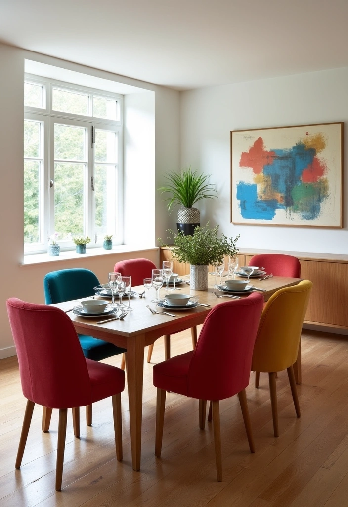 22 Mid Century Modern Dining Room Ideas - 2. Colorful Upholstered Chairs