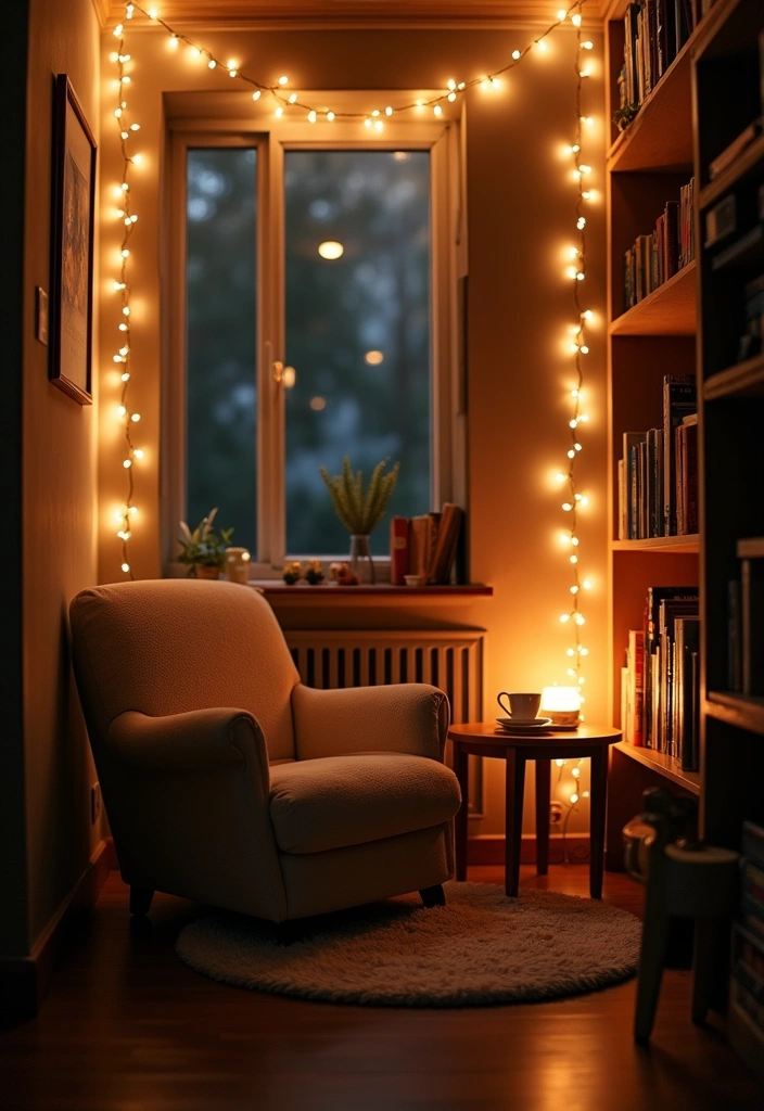 22 Perfect Cozy Reading Nook Ideas - 2. Cozy Corner with Fairy Lights