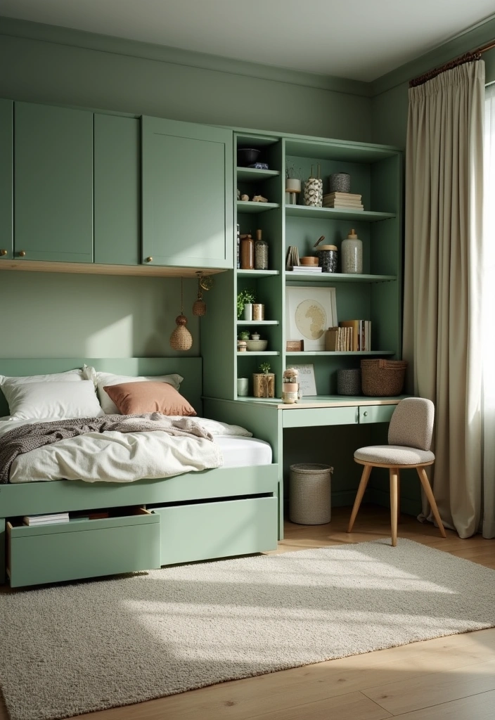 22 Sage Green Bedroom Ideas: Embrace Calming Elegance - 10. Functional Furniture