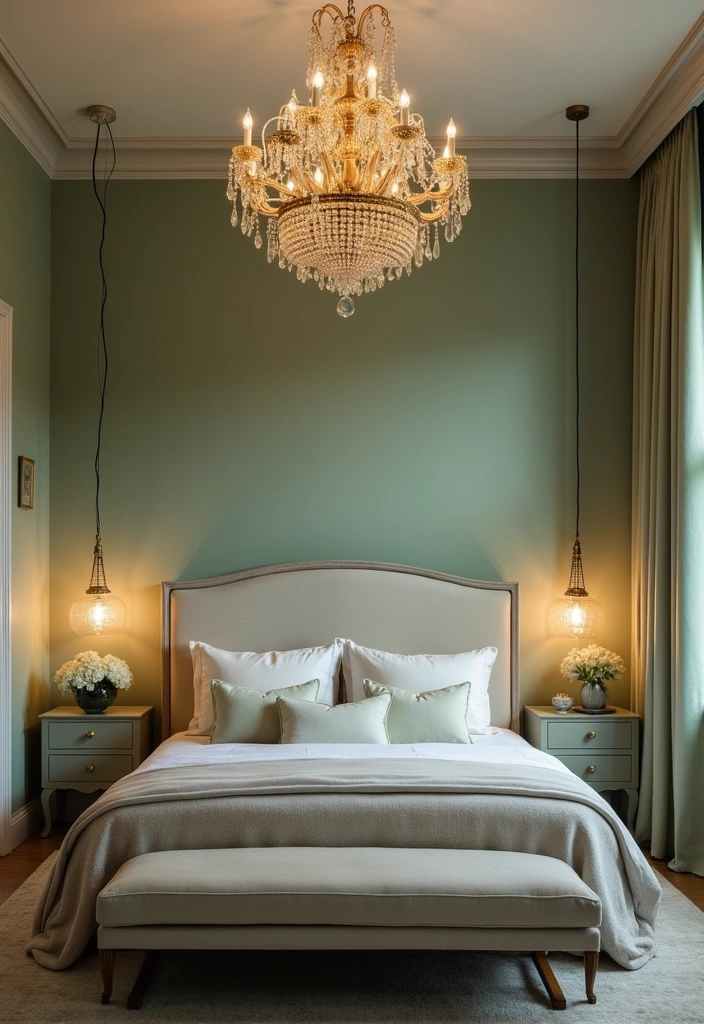 22 Sage Green Bedroom Ideas: Embrace Calming Elegance - 12. Statement Lighting