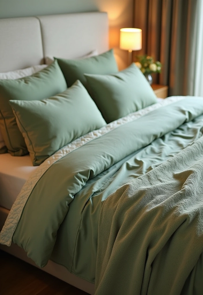 22 Sage Green Bedroom Ideas: Embrace Calming Elegance - 2. Elegant Sage Bedding