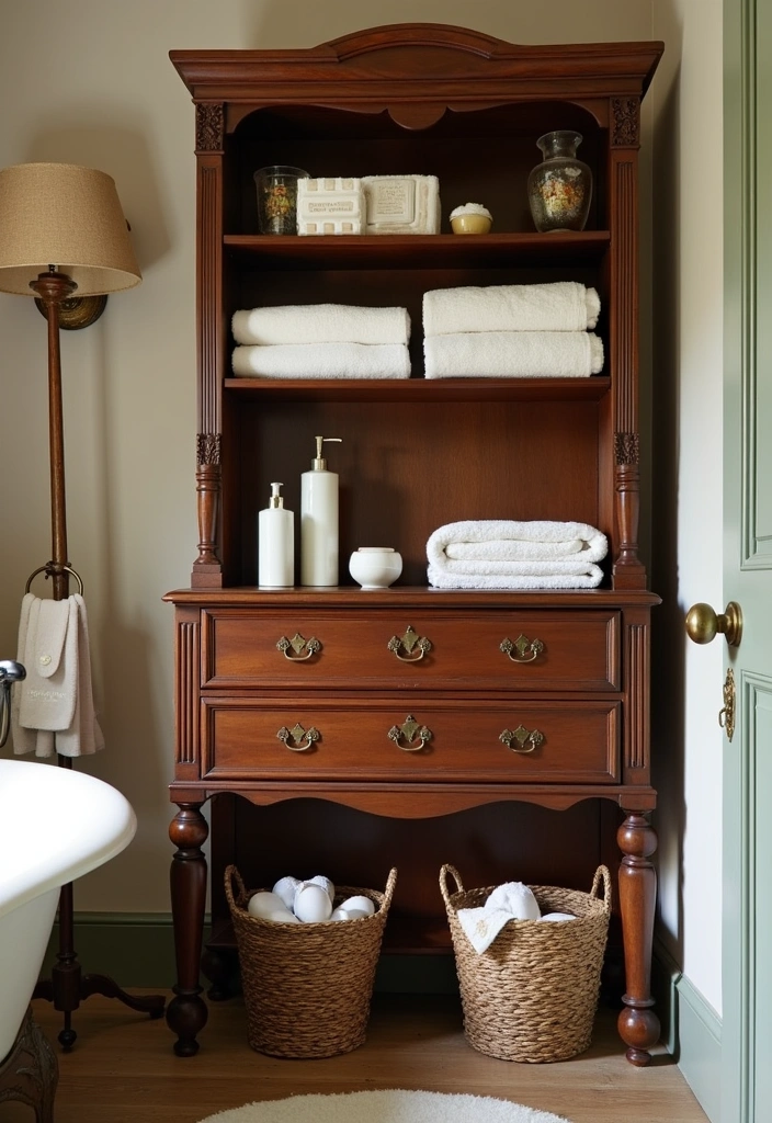 22 Victorian Bathroom Design Ideas - 10. Antique Storage Solutions