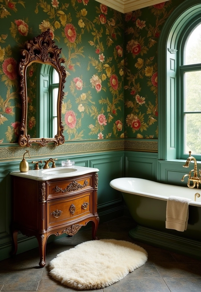 22 Victorian Bathroom Design Ideas - 2. Ornate Wallpaper