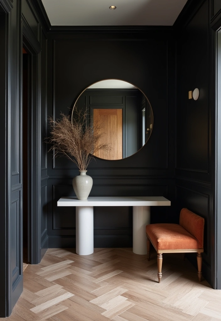 23 Sleek and Stylish Modern Dark Entryway Ideas - 1. Bold Black Walls