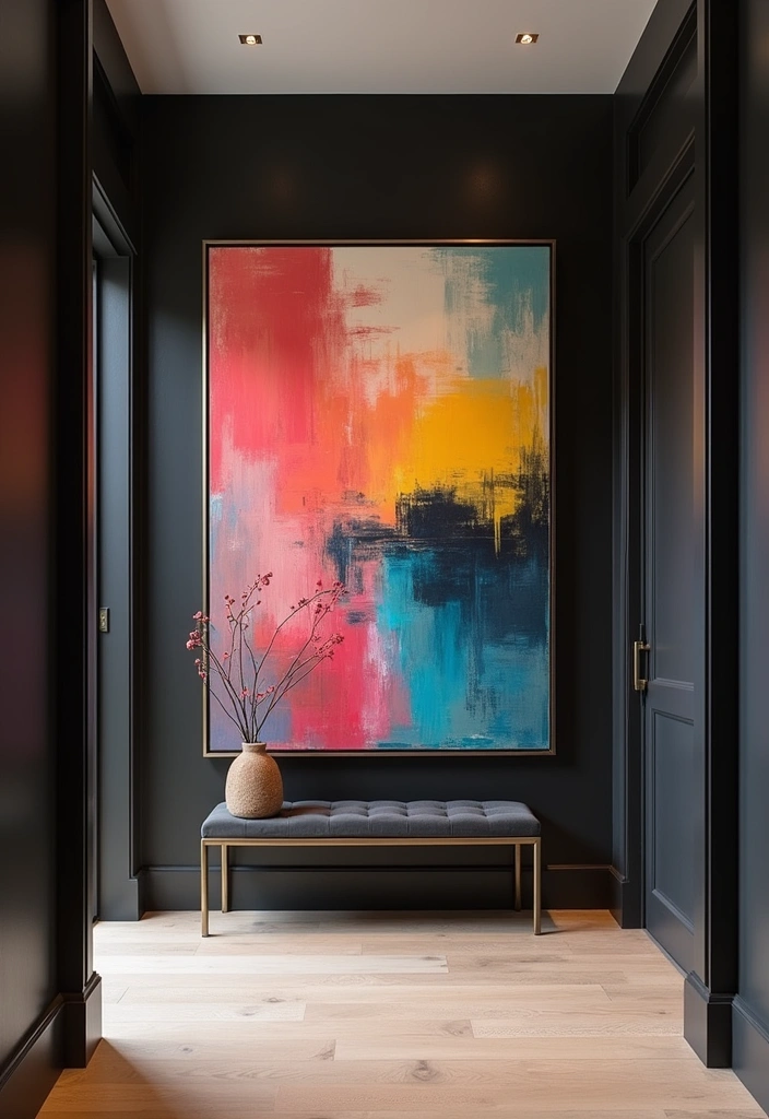 23 Sleek and Stylish Modern Dark Entryway Ideas - 10. Artistic Wall Art