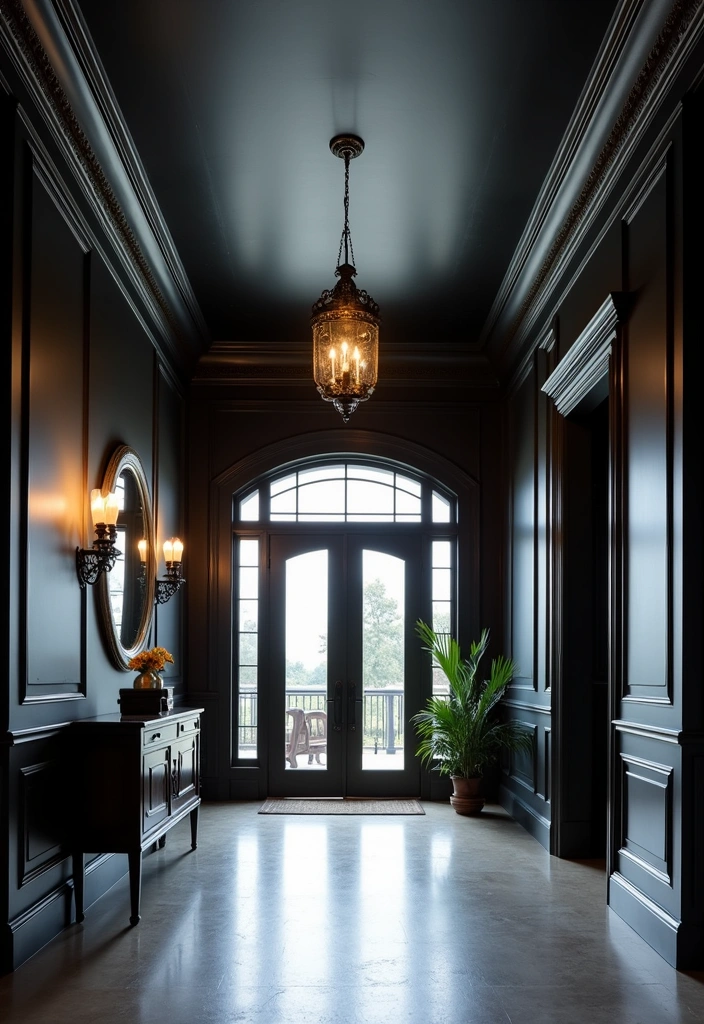 23 Sleek and Stylish Modern Dark Entryway Ideas - 13. Darkly Dramatic Ceilings