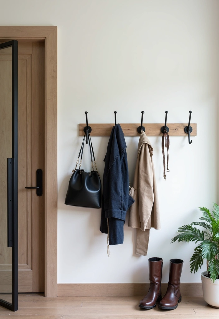 23 Sleek and Stylish Modern Dark Entryway Ideas - 14. Stylish Hooks and Organizers