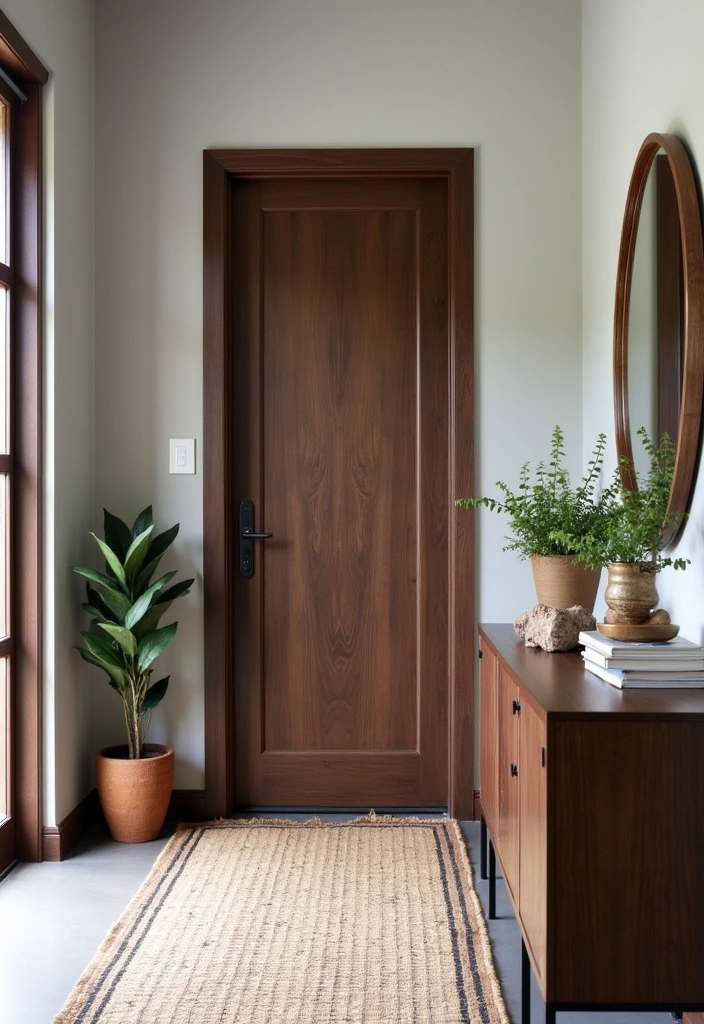 23 Sleek and Stylish Modern Dark Entryway Ideas - 2. Dark Wood Accents