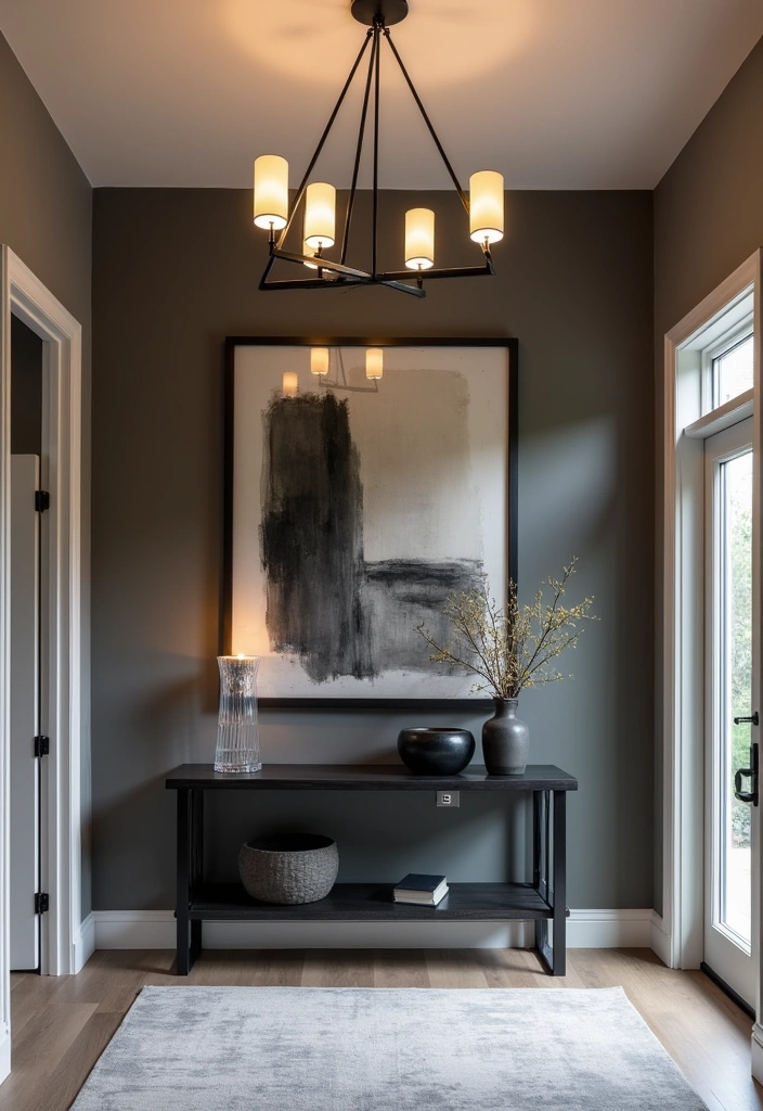 23 Sleek and Stylish Modern Dark Entryway Ideas - 3. Statement Lighting Fixtures