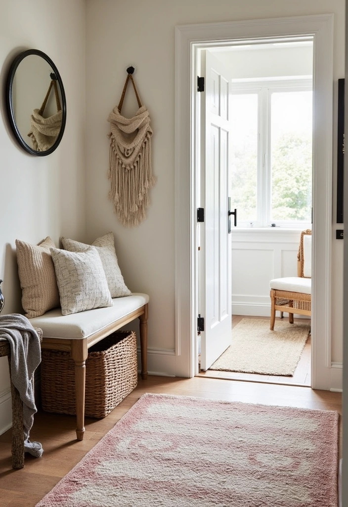 23 Sleek and Stylish Modern Dark Entryway Ideas - 9. Layered Textiles