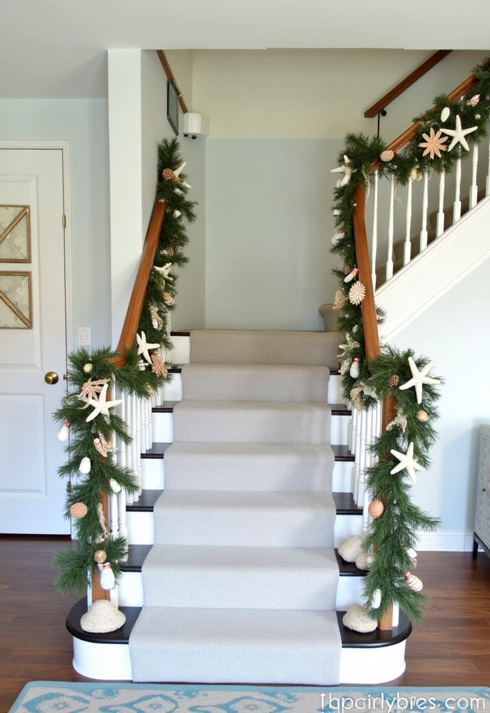 23 Stunning Christmas Garland Staircase Ideas - 10. Coastal Christmas Vibes