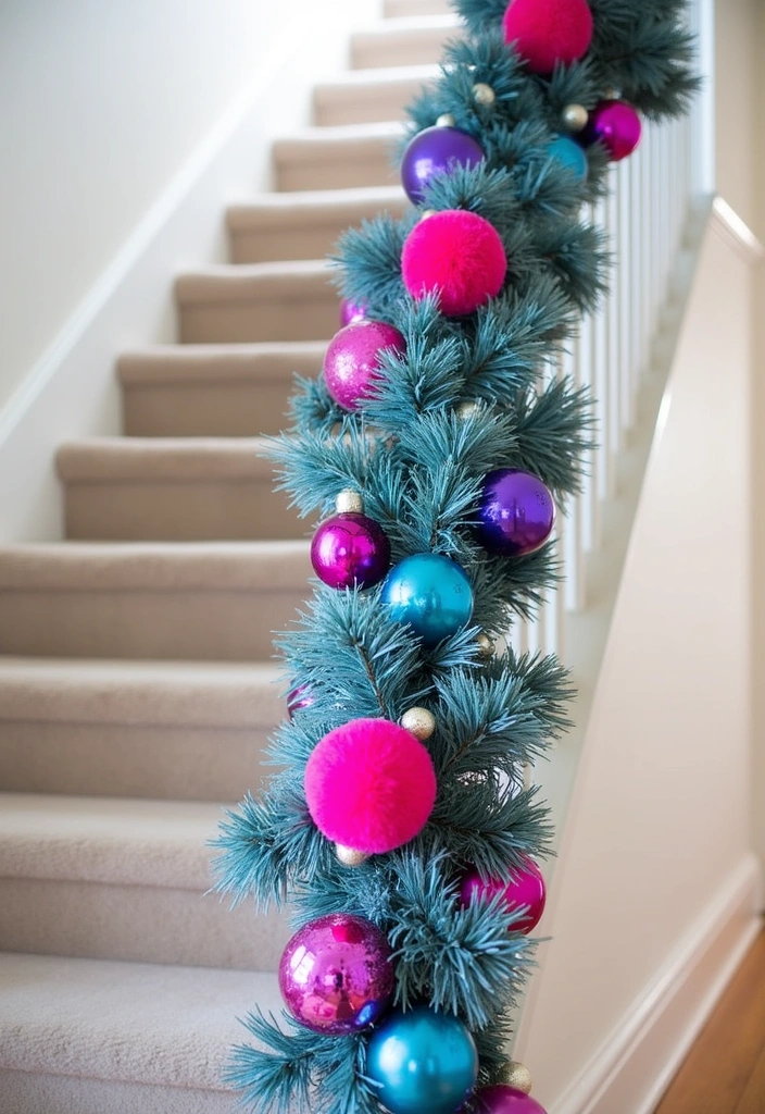 23 Stunning Christmas Garland Staircase Ideas - 12. Bold Color Combinations