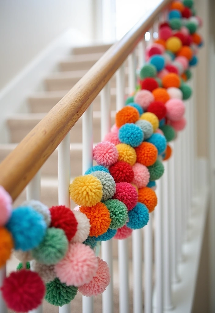 23 Stunning Christmas Garland Staircase Ideas - 20. Playful Pom-Poms