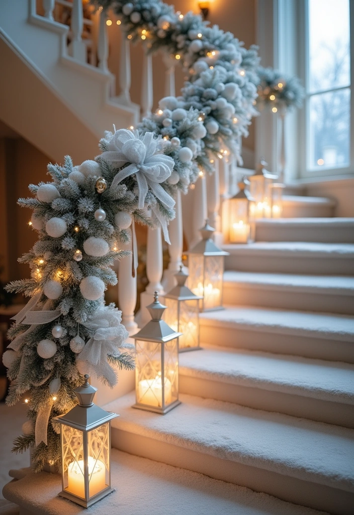 23 Stunning Christmas Garland Staircase Ideas - 3. Elegant Silver and White