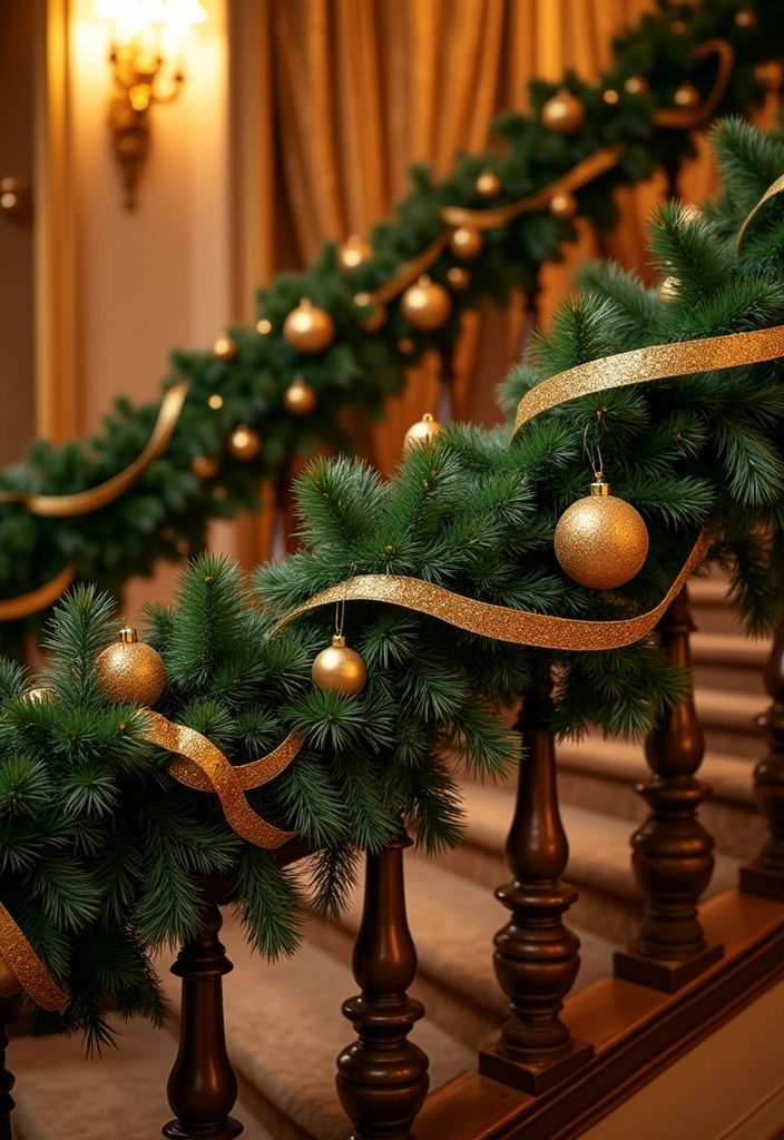 23 Stunning Christmas Garland Staircase Ideas - 5. Luxurious Gold Accents