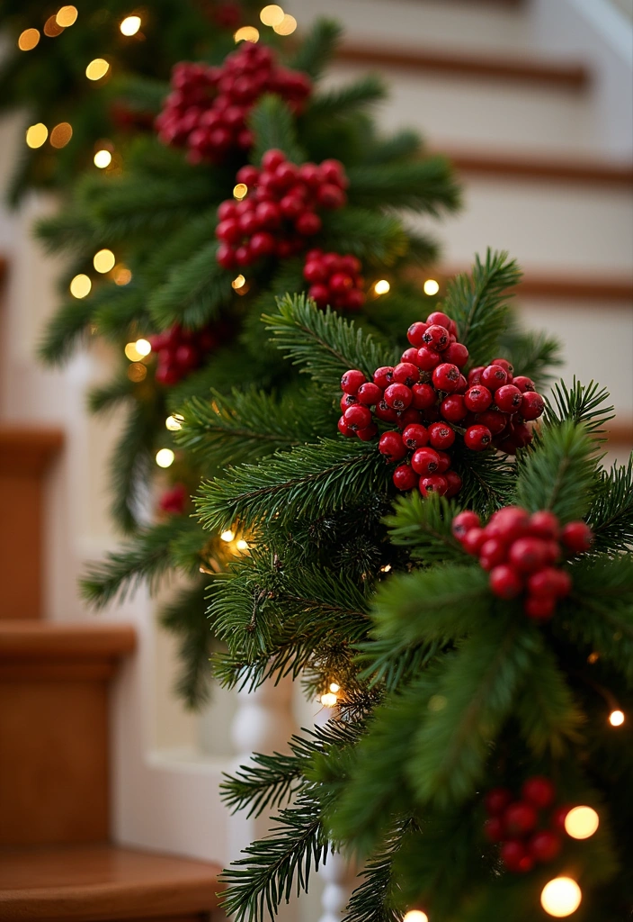 23 Stunning Christmas Garland Staircase Ideas - 8. Festive Berry Accents