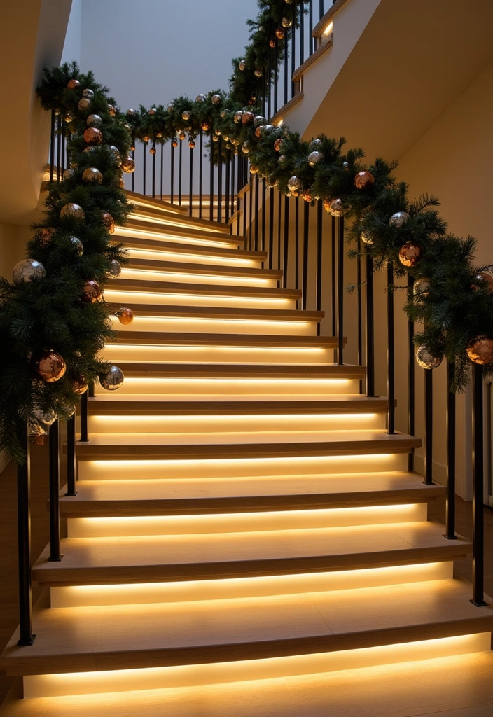 23 Stunning Christmas Garland Staircase Ideas - 9. Modern Geometric Design